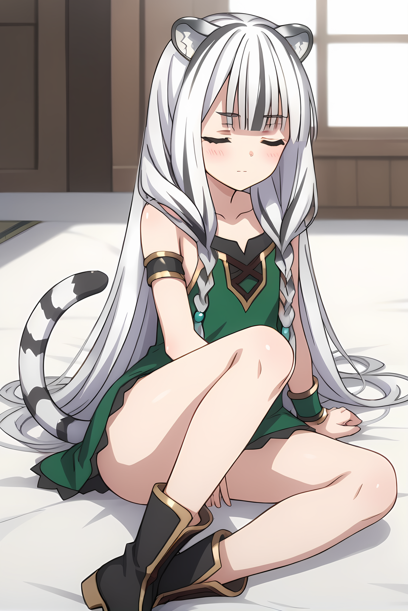 (green dress black boots), tny-atla, tiger tail, tiger ears, white hair, long hair, green armlets, 1girl, solo, skinny, feet, score_9, score_8, score_7, source_anime, blush, indoors, (1.3::full body|sitting|standing|lying|0.6::close-up| :1.20), closed eyes <lora:tny-atla-V01-000004:0.90>