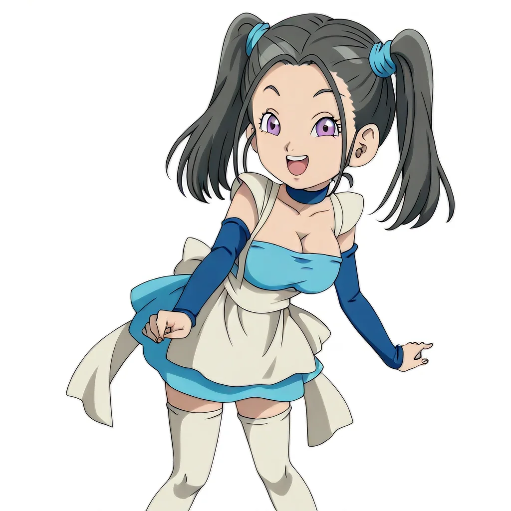 anime screencap, anime art style, bouquet_(blue_dragon), blue_dragon_(anime), 1girl, solo, twintails, thighhighs, black hair, purple eyes, white thighhighs, choker, white background, open mouth, smile, simple background, apron, dress, breasts, detached sleeves, waist apron,white apron