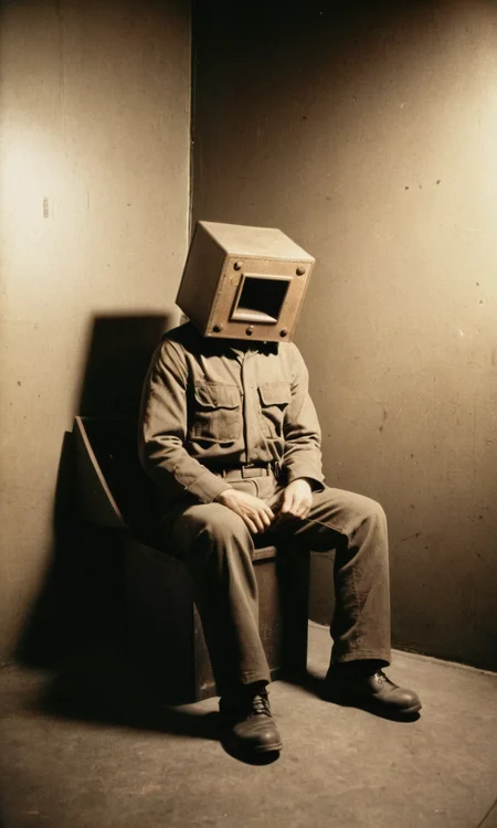 analog film photo man sitting, box head, strange room, huleebstyle, helmet, dark, sepia, <lora:HuleebStyle_v1:0.85> . faded film, desaturated, 35mm photo, grainy, vignette, vintage, Kodachrome, Lomography, stained, highly detailed, found footage
