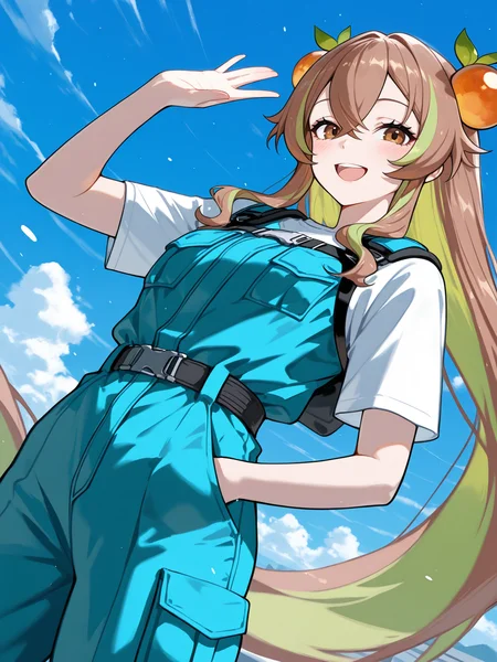 ((masterpiece, best quality, absurdres, highres, newest, very aesthetic, extremely detailed, very awa, year 2024, detailed background, perfect anatomy, surreal)),year 2023,<lora:add-detail-xl:0.9>,<lora:xmc_v0.3_noobai_cwhj:0.8>,<lora:illustrious_best_quality_v1:0.8>,<lora:Periru_Vtuber_1503428:0.8>,periilv2,food-themed hair ornament,hair ornament,multicolored hair,two-tone hair,brown hair,green hair,hair between eyes,brown eyes,24 yo,24 year old girl,dynamic background,detailed,dynamic_angle,best eyes,best hands,very long hair,
solo,male focus,smile,open mouth,pocket,hand in pocket,hand up,blue theme,looking at viewer,blue background,jumpsuit,shirt,cowboy shot,blush,short sleeves,pants,