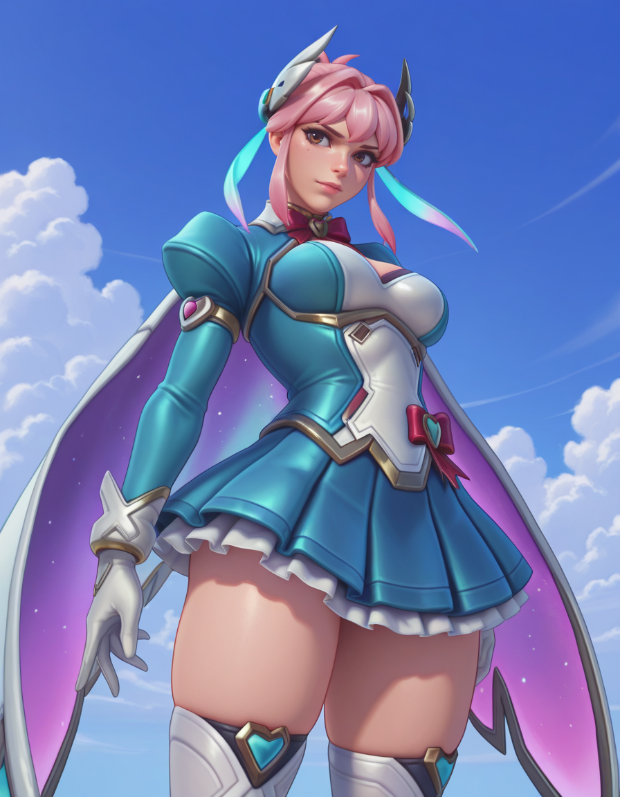 Masterpiece, high-res, 2k, best quality, 2.5d, 1girl,  freja courage, freja (overwatch)  Hips up arms out<lora:Freja_doki_illus-000037:1> sky background, clouds