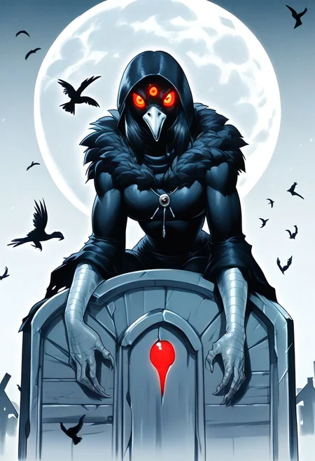 score_9, score_8_up, score_7_up, illustration, monochrome, cemetery background, bird raven, threeeyed raven, red glowing eyes, sitting on tombstone, moon, moonlight, nighttime, no humans,van-brand-artworks