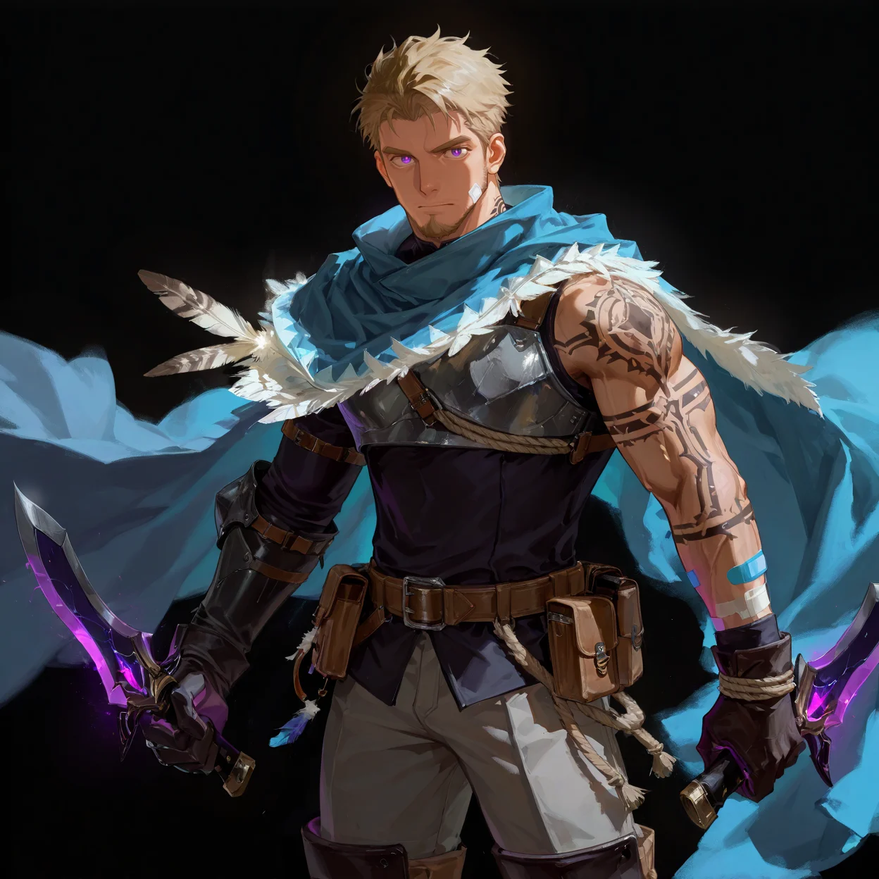 <lora:Basheeny__Alchemist_Code-000003:.7>, (tagatamebasheeny, 1boy, blonde, short hair, purple eyes, solo, male focus, manly, bara, mature male, muscle body, cape, feather, shirt, gloves, bandaid on arms, gloves, chest armor, pouch, rope, purple glowing, tattoo on one arm, pants, armor, boots, dagger, dual wielding)
(looking at the viewer, cowboy shot)
(very short hair, beard, bara, mature, facial hair, stubble, beard, full beard, sideburn, beard, a lot of beard, ), facial hair,male focus, muscular male, muscular male, bara, mature, bara, mature, aixiwuganda_(20222192), very awa, masterpiece, best quality, absurdres, newest, perfect quality, detailed background, intricate details,
<lora:slider_Body Type_alpha1.0_rank4_noxattn_last:3><lora:Anime Summer Days 2 Style SDXL_LoRA_Pony Diffusion V6 XL:.6><lora:slider_cfg_scale_boost:.7><lora:Artist6p:.55>, Artist6p, Artist04p,<lora:slider_il_brightness_slider_d1:-1><lora:slider_il_contrast_slider_d1:-1><lora:slider_DarkSlider1.2_alpha1.0_rank16_full_300steps:-.6>