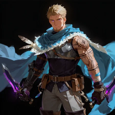 <lora:Basheeny__Alchemist_Code-000003:.7>, (tagatamebasheeny, 1boy, blonde, short hair, purple eyes, solo, male focus, manly, bara, mature male, muscle body, cape, feather, shirt, gloves, bandaid on arms, gloves, chest armor, pouch, rope, purple glowing, tattoo on one arm, pants, armor, boots, dagger, dual wielding) 
(looking at the viewer, cowboy shot)
(very short hair, beard, bara, mature, facial hair, stubble, beard, full beard, sideburn, beard, a lot of beard, ), facial hair,male focus, muscular male, muscular male, bara, mature,  bara, mature, aixiwuganda_(20222192), very awa, masterpiece, best quality, absurdres, newest, perfect quality, detailed background, intricate details,
<lora:slider_Body Type_alpha1.0_rank4_noxattn_last:3><lora:Anime Summer Days 2 Style SDXL_LoRA_Pony Diffusion V6 XL:.6><lora:slider_cfg_scale_boost:.7><lora:Artist6p:.55>, Artist6p, Artist04p,<lora:slider_il_brightness_slider_d1:-1><lora:slider_il_contrast_slider_d1:-1><lora:slider_DarkSlider1.2_alpha1.0_rank16_full_300steps:-.6>