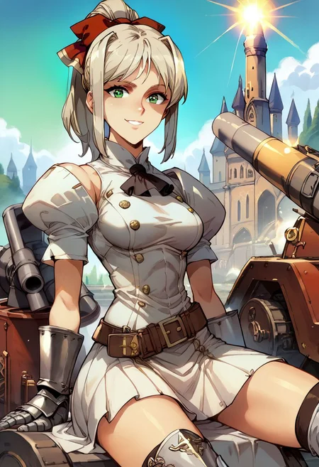 score_9, score_8_up, score_8, score_7_up, score_7, anime of hmkshll, green eyes, platinum blonde hair, high ponytail, bangs, sidelocks, hair ribbon, knight dress, gauntlets, belt, medium breasts, castle, posing for a photo, facing viewer, looking at viewer, female focus,  (dynamic lighting:1.1), Sitting on a Cannon, , looking at a Cannon, Culverin, smiling ,  ground vehicle, military vehicle,bslskspg
((masterpiece))