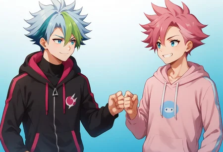 score_9, score_8_up, score_7_up, source_anime, highly detailed, 2boys,
multiple boys, 2boys, male focus, green hair, multicolored hair, blue eyes,
short over long sleeves, layered sleeves, blue hair, pink hair, hood, smile,
looking at another, hoodie, streaked hair, upper body, spiked hair, eye contact,
fistbump,