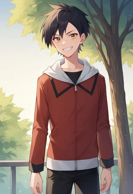 score_9, score_8_up, score_7_up, source_anime, highly detailed,
pokegold, 1boy, male focus, solo, jacket, pants, black hair, closed mouth, long sleeves, red jacket, hood, white hood, short hair, zipper pull tab, bangs, standing, yellow eyes, t-shirt, black pants, black t-shirt, smile, grin,
outdoor, tree, sky,