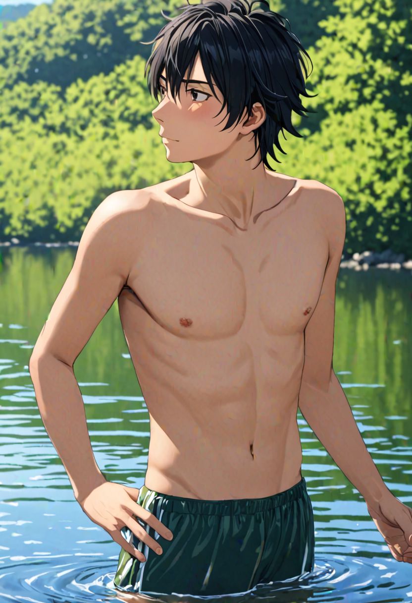 Yuusuke Fujisaki, masterpiece, Candid Photo, best quality, (1boy), solo, male focus, High definition, Black hair, 4K, shirtless, swim on natural lake