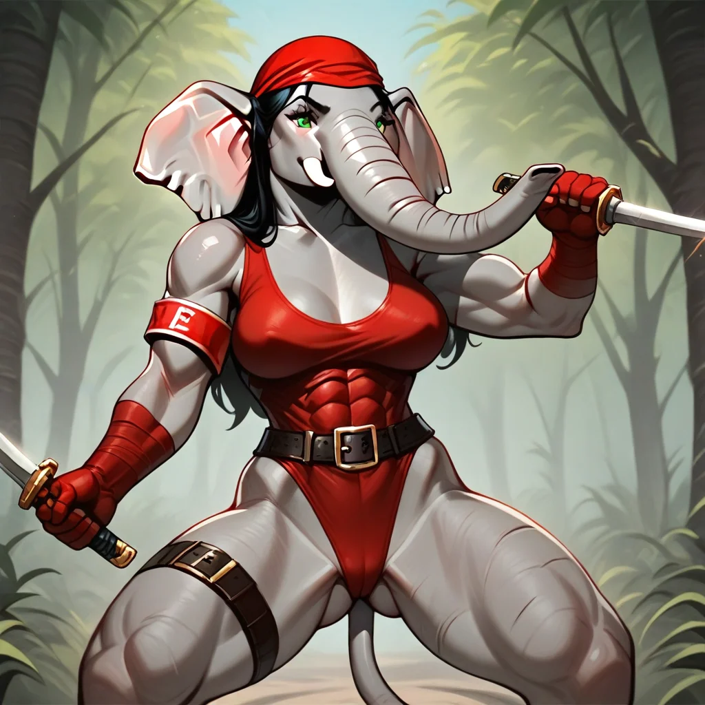 solo, 1girl, angry, female elephant, anthro elephant, trunk nose, elephant trunk, elephant tail, black hair, long hair, green eyes, bandaged arm, red bandana, red gloves, red armband, belt, thigh strap, red leotard, dual wielding, holding sword, holding sai (weapon), muscular female, large breasts, fighting pose, forest