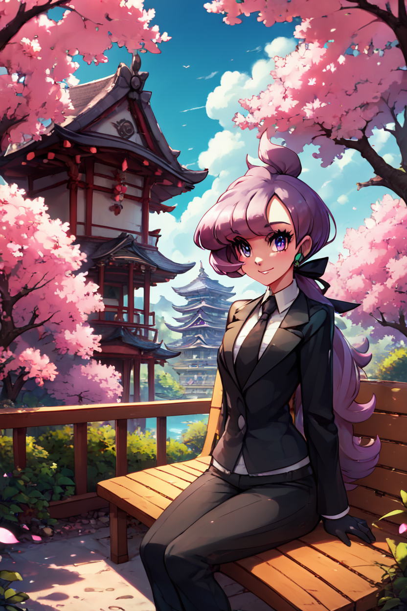score_9, score_8_up, score_8, medium breasts, (curvy), cute, eyelashes,       BREAK, , ,,, zzAnabel, purple hair, purple eyes, long hair, ponytail, ribbon, hair ribbon, bangs, black ribbon, black suit, formal, black tie, black gloves, <lora:Anabel_Pokemon_PDXL:1.0>,    ,,,, BREAK, sitting on bench, side view, smile, looking at viewer, cowboy shot,  ,,, BREAK, pnkBldng, sky, day, cloud, tree, blue sky, building, architecture, east asian architecture,  ,,, BREAK, embedding:zPDXL, Expressiveh,  ,,, <lora:PinkBuildingsPDXL_v2:0.6>, <lora:SDXLFaeTastic2400:0.5>, <lora:Expressive_H-000001:0.4>