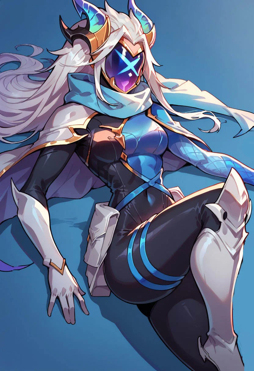score_9, score_8_up, score_7_up, ultra quality, dutch angle, source_cartoon, smooth outlines, solo, 1girl, Drxkin, dragon horns, long hair, white hair, multicolored bodysuit, black bodysuit, blue bodysuit, armor, scarf, shoulder cape, helmet, mask, faceless, on back, lying, single white glove, flame arm, bent legs, legwear, simple blue background