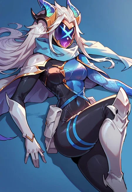 score_9, score_8_up, score_7_up, ultra quality, dutch angle, source_cartoon, smooth outlines, solo, 1girl, Drxkin, dragon horns, long hair, white hair, multicolored bodysuit, black bodysuit, blue bodysuit, armor, scarf, shoulder cape, helmet, mask, faceless, on back, lying, single white glove, flame arm, bent legs, legwear, simple blue background
