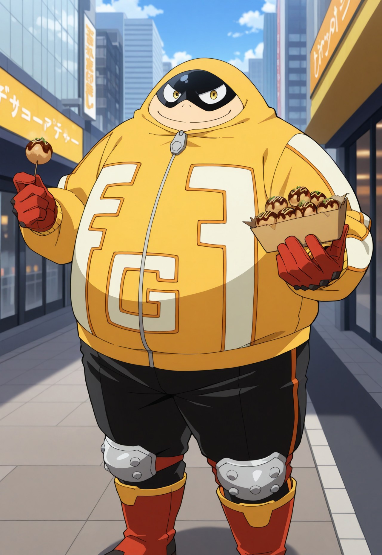 FatGum, Hood up, male, overweight, mask, yellow jacket, letters f and g on jacket, orange trim around letters, city background, day, yellow jacket, black track pants, boots, knee pads, hood up, yellow eyes, zipper pull tab, smile, red orange gloves, solo, black mask, holding takoyaki, letter G on jacket, city street, orange and red boots, tall very tall, 