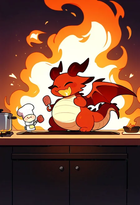 very awa, masterpiece, highres, absurdres, newest, chibi, 1dragon, dragon horns,  big wings, scales on back, dragon tail,  chef hat, appron, happy, cooking meat with fire breath, on a kitchen, CuteCartoonAF, (dragon:1), (cute:1),  no-human