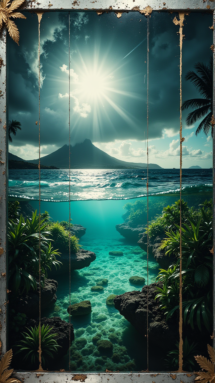 concept art, landscape of a 1950'S Alhambresque Bora Bora, Hurricane, Rule of Thirds, with Text"Secret Lab FLUX LORA"  silver Frame, gold Object