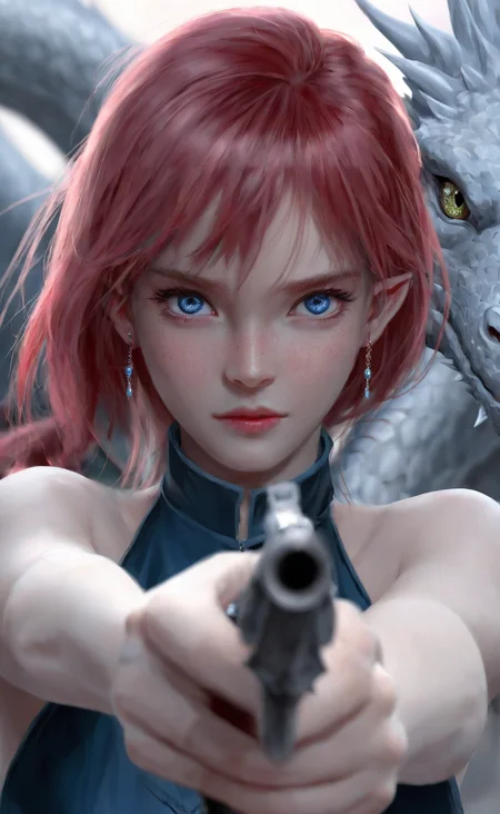 <lora:wlop_mobei:0.8>,wlop,1girl,freckles,jewelry,pink hair that flows between her eyes. She has striking blue eyes that are looking directly at the viewer. The character is wearing a high collar,blue eye,From a distance,under the white crystal dragon stands a Chinese beauty,fine detail,The backdrop is blurred,The image showcases a close-up portrait of a female character with long,which is red in color. Her hair is bangs,and it appears slightly blurry,adding depth to the image. She holds a weapon,though only a part of it is visible. The overall tone of the image is dramatic,with a blend of pink,blue,and gray hues.,