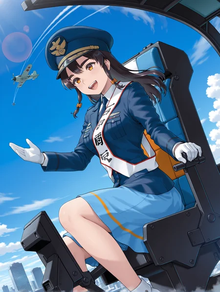 masterpiece,best quality,newest,1girl,solo,
<lora:mao2_ilxl_v1.2:1>,mao2,m_hat,m_clothes,white gloves,blue jacket,blue skirt,
<lora:Fixhands_anime_bdsqlsz_V1:1>,dynamic_angle,simple_background,cinematic_angle,fighter plane,sky,contrail,day,motion_blur,lens_flare,overexposure,fisheye,skyscraper,looking ahead,<lora:gundamallviewmoniter:1>,gundamallviewmoniter,cockpit,sitting,grip console,laughing,open mouth,teeth,