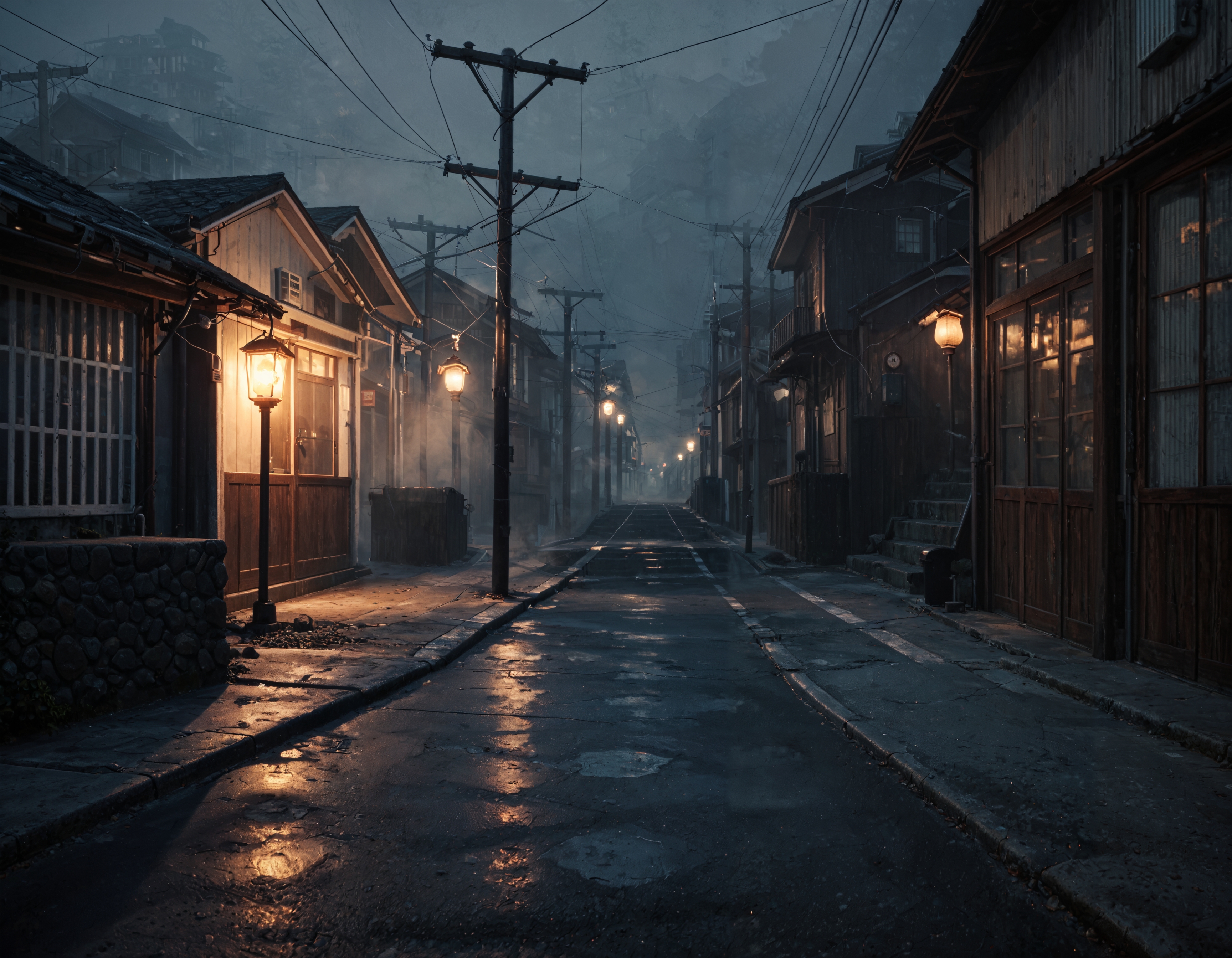 score_9,score_8_up,score_7_up,outdoor,scenery,dark,street,power lines,building,gloomy,fog,no humans,lantern,night,stairs