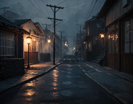 score_9,score_8_up,score_7_up,outdoor,scenery,dark,street,power lines,building,gloomy,fog,no humans,lantern,night,stairs