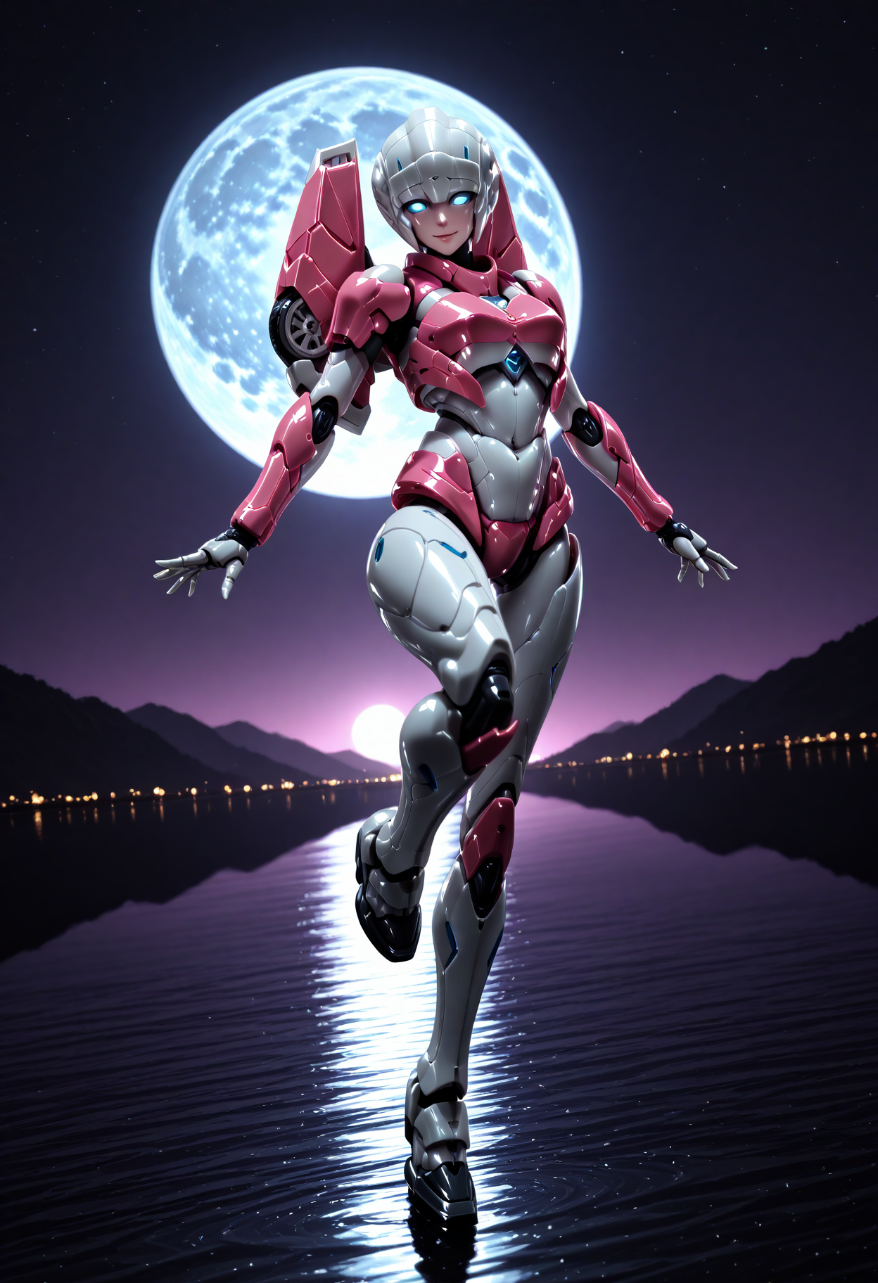 masterpiece, best quality, good quality, very aesthetic, hyper detailed, digital painting, trending on ArtStation, absurdres, newest, 8K, anime screencap, anime coloring, detailed background, offical art, very aesthetics of fine arts, <lora:spo_sdxl_10ep_4k-data_lora_webui:1>, lazypos, <lora:Latex_MBA_style:1>, perfect anatomy, <lora:prompt_extend:1>, <lora:wai-Rectified-s:1>, 
<lora:furaiarceeTF-IL:1>, furaiarcee\(transformers\), 1girl, mecha, robot, autobots, blue eyes, glowing eyes, no pupils, breasts, solo, no humans, science fiction, <lora:handPatchUnet:1>, detailed_hands, elegant_fingers, (petite), cute face, looking at viewer, dynamic angle, (from side), serene, on the water, water, lake, relax, smile, blush, arms front, panorama, full body, curtsey, standing on one leg, ultra_beautiful, moon, starry night