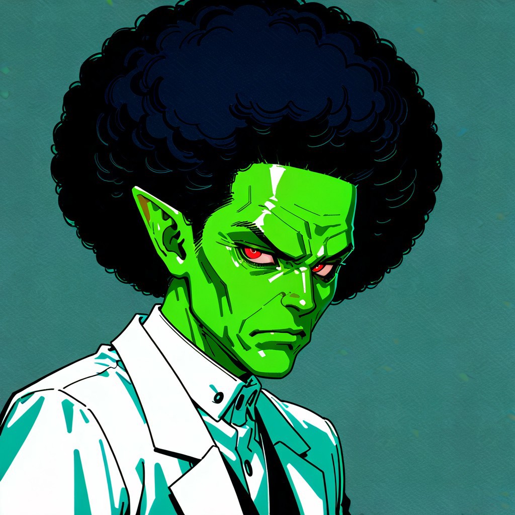 masterpiece, best quality, amazing quality, very aesthetic, absurdres, newest, drvenoilxl, 1boy, red eyes, male focus, pointy ears, green skin, white lab coat, bald,  (((old man))),  wrinkles, alien,looking at viewer, ((plain background)), solo, scowl,  ((white collar)), ((buttoned collar)), close up, portrait, (((afro))),  side view, 45 degree angle