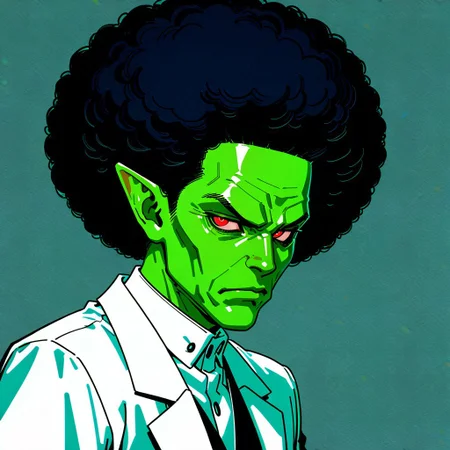 masterpiece, best quality, amazing quality, very aesthetic, absurdres, newest, drvenoilxl, 1boy, red eyes, male focus, pointy ears, green skin, white lab coat, bald, (((old man))), wrinkles, alien,looking at viewer, ((plain background)), solo, scowl, ((white collar)), ((buttoned collar)), close up, portrait, (((afro))), side view, 45 degree angle