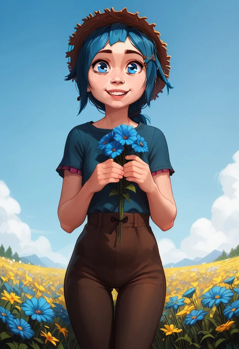 score_9, score_8_up, score_7_up, score_6_up, rating_safe, 1girl, 18 years old, PowderJinx, big eyes, ponytail, cutest girl in the world, cute cheeks, thigh gap, petite, freckles, freckled girl, bubble butt, kinky, adorable, petite, round face, . skinny, big eyes, blue eyes, field of flowers, cute sundress, tight pants, straw hat, smiling, adorable, holding flowers,