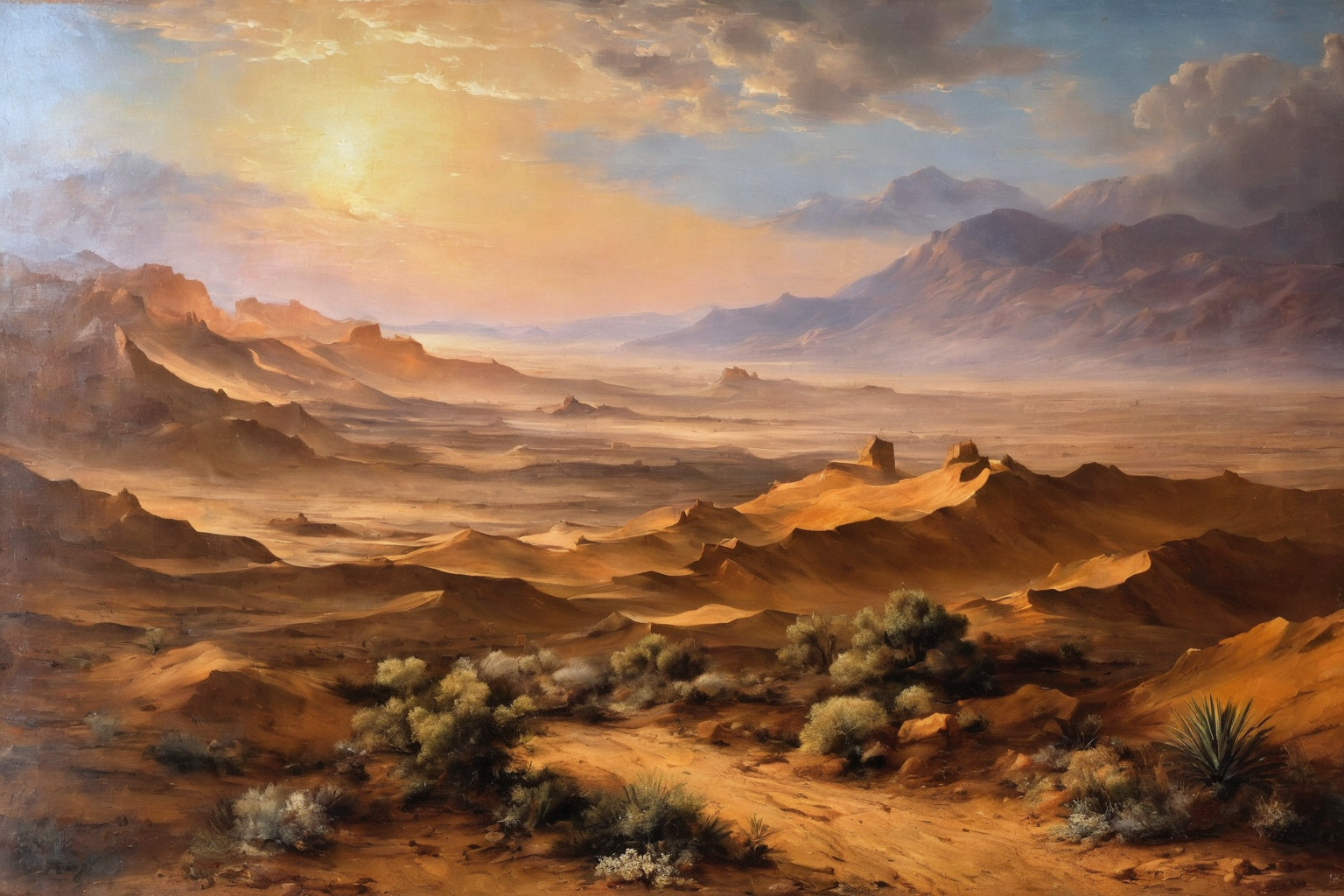 ((Masterpiece, best quality)),beautiful colors, sharp contrast,oil painting, vintage,crackled paint,
painting of the desert
painted in renaissance style
 <lora:edgRenaissanceXL:0.9>