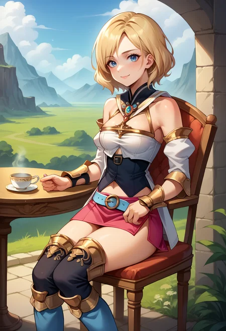 score_9, score_8_up, source_anime, 1girl, solo, Ashelia, medium hair, blonde hair, blue eyes, detached collar, brooch, white shirt, cleavage, midriff, detached sleeves, bracer, black corset, pink skirt, microskirt, pink skirt, blue belt, thigh boots, sitting, outdoors, on chair, tea cup, smile, <lora:CHAR-AsheliaPonyXL:1>