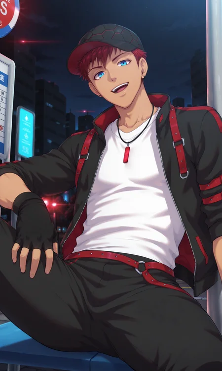 1boy, male focus, slim, RexOP, dynamic pose, solo, looking at viewer, red hair, blue eyes, open mouth, smile, earrings, red belts, black gloves, red flash drive on a string around neck, black cap, fingerless gloves, black jacket, black pants, white shirt, open clothes, shaded, street, night, sitting, on bus stop, outdoors, (masterpiece:1.35), (very aesthetic, best quality:1.3), detailed shading, detailed skin, realistic shading, highly detailed, masterful composition, cinematic lighting, close-up, <lora:RexOP_XL_V10_ILL:1>