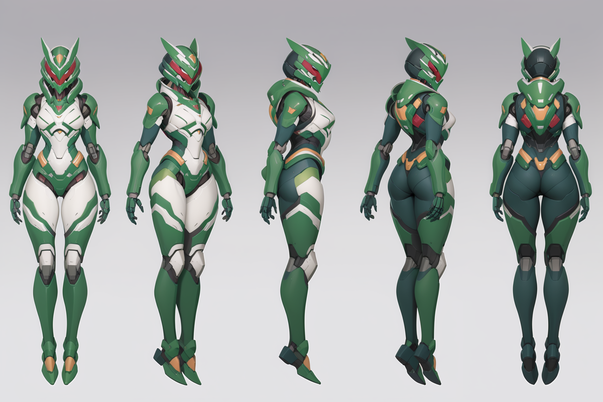 (GENERAL:0), mecha, robot, masterpiece, best quality, very aesthetic, absurdres, solo, standing,
(VIEWS:0),  full body character turnaround of mecha,
Multiple views of the same mecha,  (simple background, white background:1.2), multiple views, side view, back view, front view, 
,
mask, helmet,
Skunk\(animals\)ï¼
EVANGELION EVA-01 TEST TYPE,
plate armor, power suit, alien,
android, cybersuit, upper armor, mechanical arms, machinery, prosthesis,
(bodyshape:0), Petite body,
(clothing:0), (Elegant off-the-shoulder A-line dress with delicate lace details:0.6), 
(cyan  
medieval  theme character design:1.1),
 <lora:MechTurnXLRemix_v1:.75>
 <lora:MechTurnXL_v1:.25>
<lora:ClothTurnXLRemix_v1-000004:.25>
 <lora:ClothTurnXL_v1-000004:0.25> 
<lora:CharTurnXL_v2:0.25>
 <lora:xl_more_art-full_v1:.25>,
 <lora:Alphonse Mucha Style:.1>, Alphonse Mucha Style page
 <lora:å½é£æç»SDXL:.1>