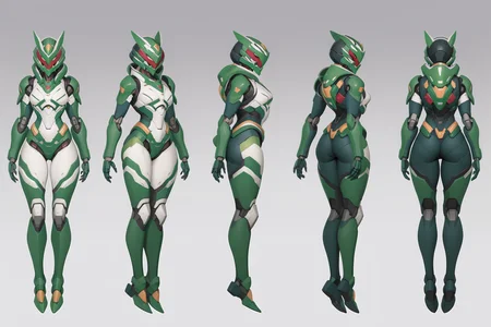 (GENERAL:0), mecha, robot, masterpiece, best quality, very aesthetic, absurdres, solo, standing,
(VIEWS:0),  full body character turnaround of mecha,
Multiple views of the same mecha,  (simple background, white background:1.2), multiple views, side view, back view, front view, 
,
mask, helmet,
Skunk\(animals\)ï¼
EVANGELION EVA-01 TEST TYPE,
plate armor, power suit, alien,
android, cybersuit, upper armor, mechanical arms, machinery, prosthesis,
(bodyshape:0), Petite body,
(clothing:0), (Elegant off-the-shoulder A-line dress with delicate lace details:0.6), 
(cyan  
medieval  theme character design:1.1),
 <lora:MechTurnXLRemix_v1:.75>
 <lora:MechTurnXL_v1:.25>
<lora:ClothTurnXLRemix_v1-000004:.25>
 <lora:ClothTurnXL_v1-000004:0.25> 
<lora:CharTurnXL_v2:0.25>
 <lora:xl_more_art-full_v1:.25>,
 <lora:Alphonse Mucha Style:.1>, Alphonse Mucha Style page
 <lora:å½é£æç»SDXL:.1>