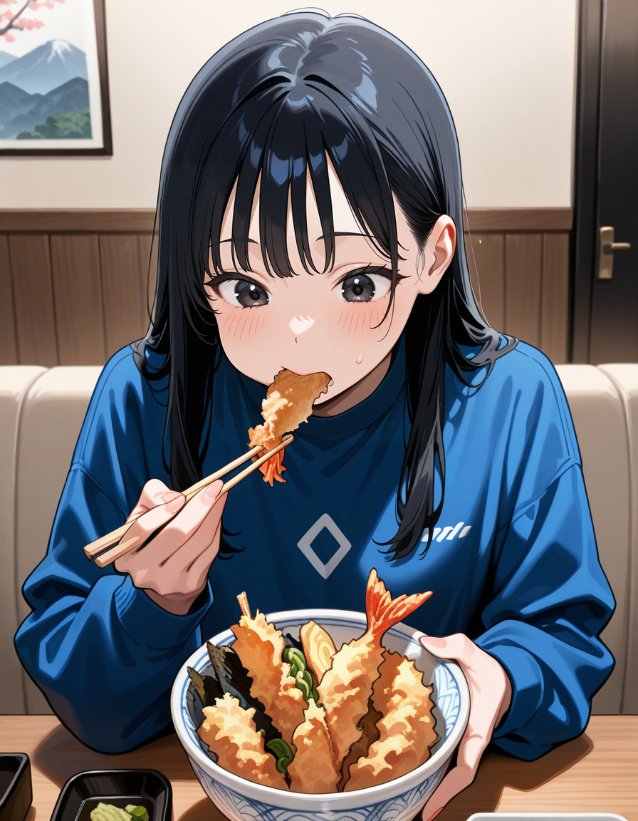 score_9, score_8_up, score_7_up, anime, solo, 1girl, one girl,
Black hair, (chest length hair:1.2), Straight Hair, bangs, one tucked behind ear, black eyes, feature large highlight, feature double highlights, shaped eyeblow,
sensitive,
<lora:donburimono:0.8>, donburimono, food,
holding, bowl, table, pov across table, chopsticks, tendon, eating tendon, tempura,
(masterpiece:1.3), best quality, high resolution, unity 8k wallpaper, (illustration:1.2), 8K,