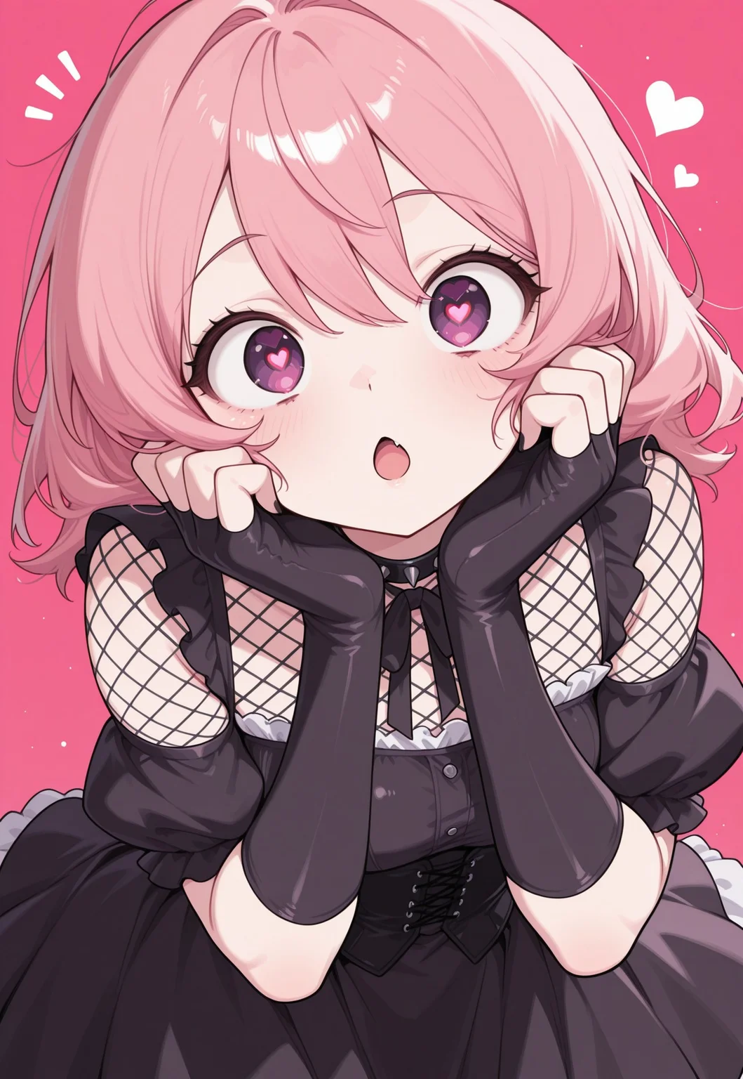 CivChan, purple eyes, pink hair, vampire, 😲, open mouth, looking at viewer, goth clothing, fishnet top, black corset, spiked choker, elbow fingerless gloves, own hands on cheeks, heart pupils, pink background, hearts