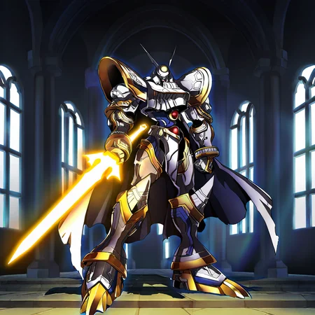 highres, best quality, masterpiece, very aesthetic, newest,solo,1boy,alphamon,energy sword,holding sword,full body,outdoors,standing,indoors,shin megami tensei,cape, <lora:AlphamonPony:1>