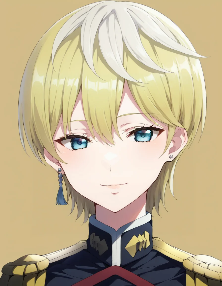score_9, score_8_up, score_7_up, source_anime, BREAK
1girl, solo, looking at viewer, simple background, portrait, light smile, front view,
tenka izumo, short hair, multicolored hair, white hair, blonde hair, blue eyes, hair between eyes, single earring,
battle uniform, epaulettes, long sleeves, white gloves,
<lora:tenka_izumo_anime-soralz:1>, <lora:Bright_room:0.4>
