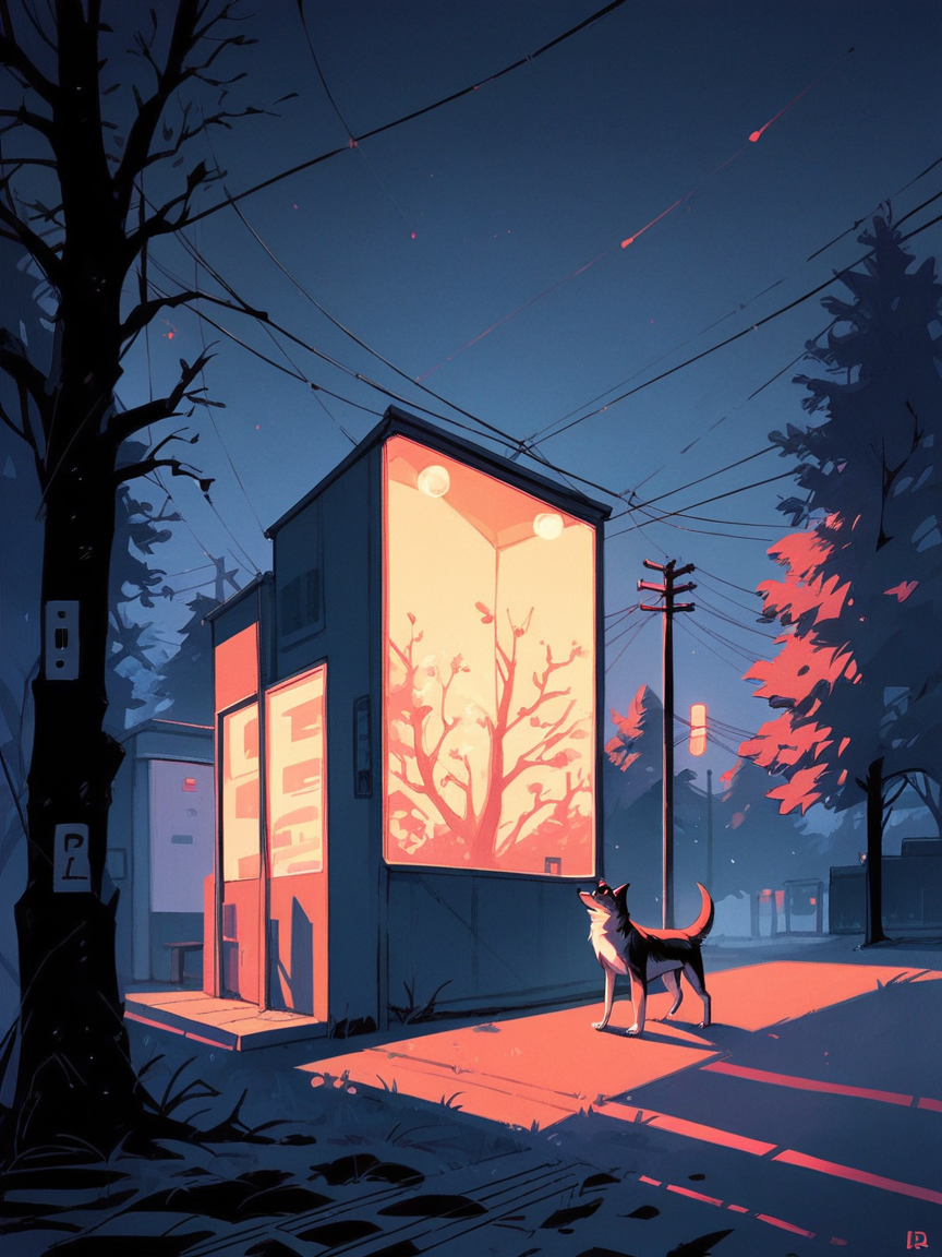 score_9, score_8_up, score_7_up, score_6_up,  <lora:d4rkv1b3XLP:1> d4rkv1b3, dark, night, tree, power lines, dog, feral, solo