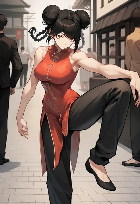 score_9, score_8_up, score_7_up, source_anime, Yuzuha Lee,1girl,solo,breasts,bangs,large breasts,black hair,dress,brown eyes,standing,braid,sleeveless,pants,hair bun,black footwear,double bun,chinese clothes,black pants,standing on one leg,china dress,fighting stance,flats,