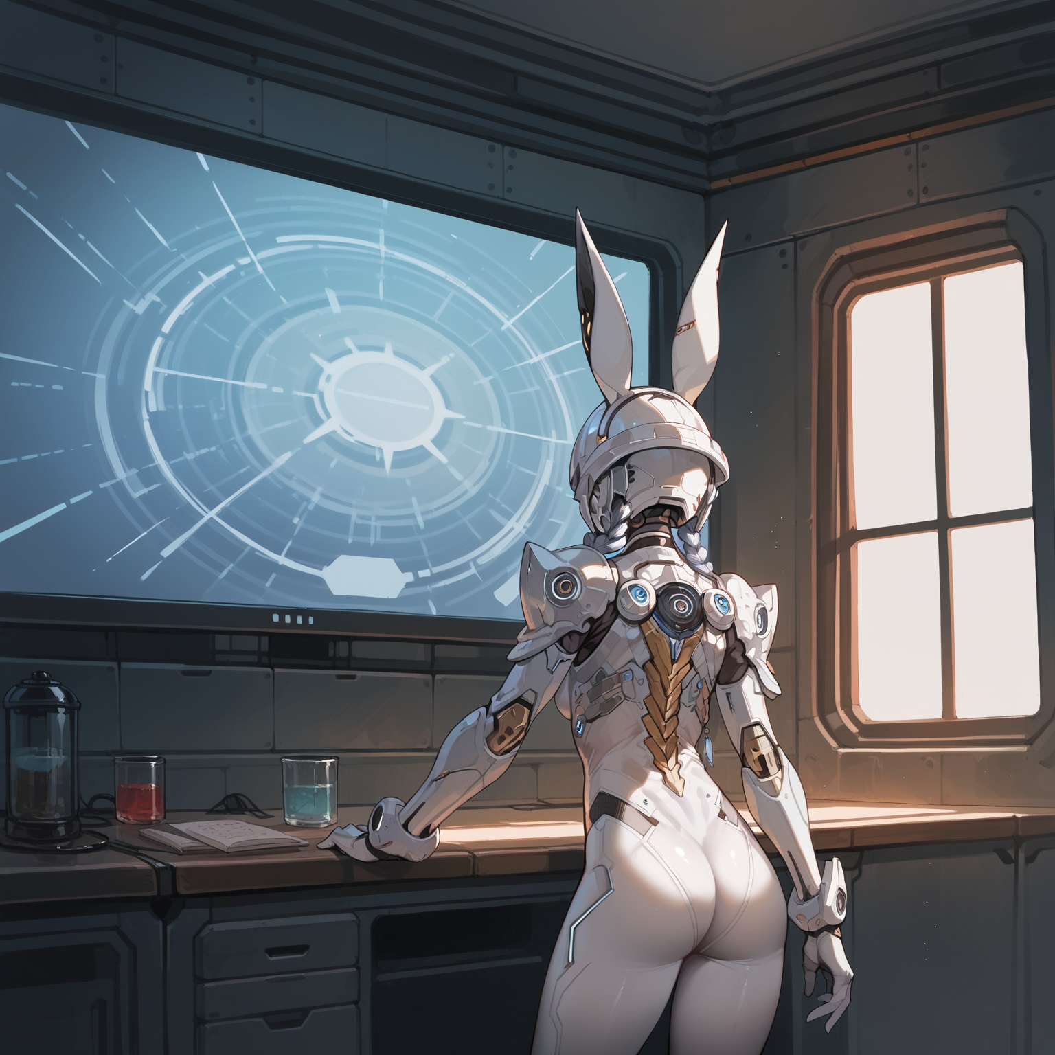 score_9,score_8_up,score_7_up,score_6_up,score_5_up,source_anime,absurdres,Cinematic Lighting,
BREAK 1girl,solo,skinny,toned,perfect anatomy,dynamic pose,<lora:Ultimate_Bunny_Suit:0.8>,UltBunny,android,white bodysuit,helmet,faceless,leaning_forward,indoors,science fiction,