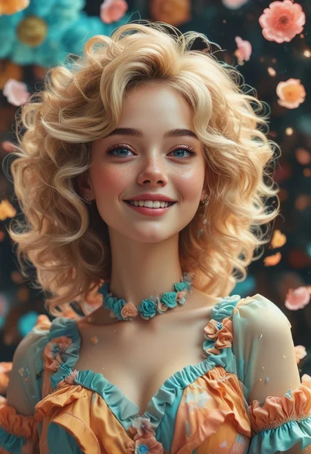 full height view, Romantic Rosette dress,  low angle shot, (Surreal), (illustration), (Resolution enhancement), (8k), (Very detailed), (Best illustration), (Beautiful and delicate eyes), (best quality), (Super detailed), (masterpiece ), ( wallpaper), (Detailed face),one blonde, curls,(High top fade in and out:1.3), (Smile brightly, bright look), dark theme, soothing tone, pastel colors, high contrast, (natural skin texture, Surreal N;NI, soft light, Impatient),exposure blending, medium shot, Bokeh, (human development report:1.4), high contrast, (Movie, teal and orange:0.85), (pastel colors, fade, soothing tone:1.3), high saturation, (Super detailed:1.2)