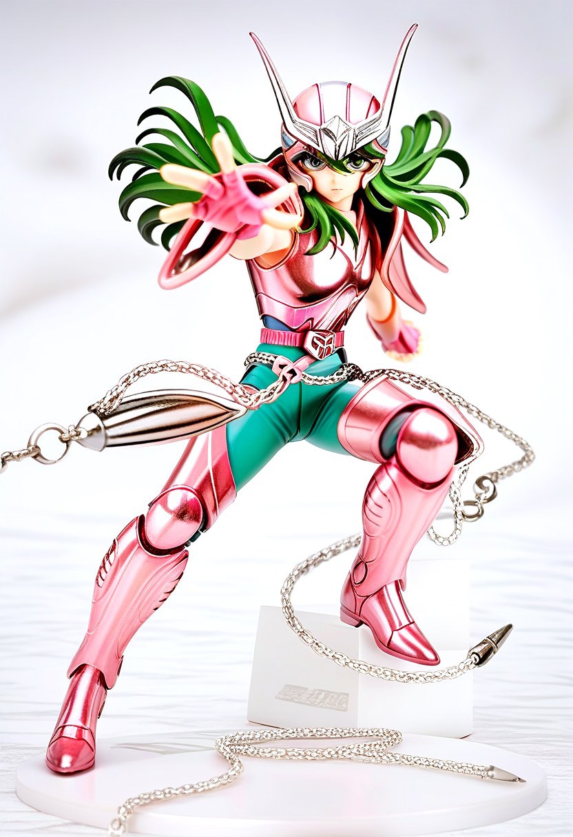 score_9, score_8_up, score_7_up, score_6_up, score_5_up, score_4_up, source_anime, full body view, 1boy, andromeda shun, anshun, slim, pink sleeveless armor, long wavy green hair, pink helmet with two prongs and silver accents, pink vambraces, large pink pauldrons, fingerless pink gloves, pink thighhigh greaves, green pants, pink boots, stylized belt buckle with silver and pink accents, 80's, retro aesthetic, action pose, hand up,