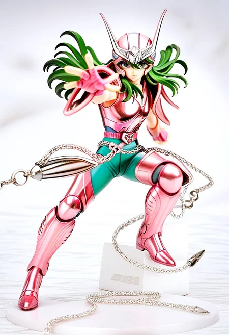 score_9, score_8_up, score_7_up, score_6_up, score_5_up, score_4_up, source_anime, full body view, 1boy, andromeda shun, anshun, slim, pink sleeveless armor, long wavy green hair, pink helmet with two prongs and silver accents, pink vambraces, large pink pauldrons, fingerless pink gloves, pink thighhigh greaves, green pants, pink boots, stylized belt buckle with silver and pink accents, 80's, retro aesthetic, action pose, hand up,