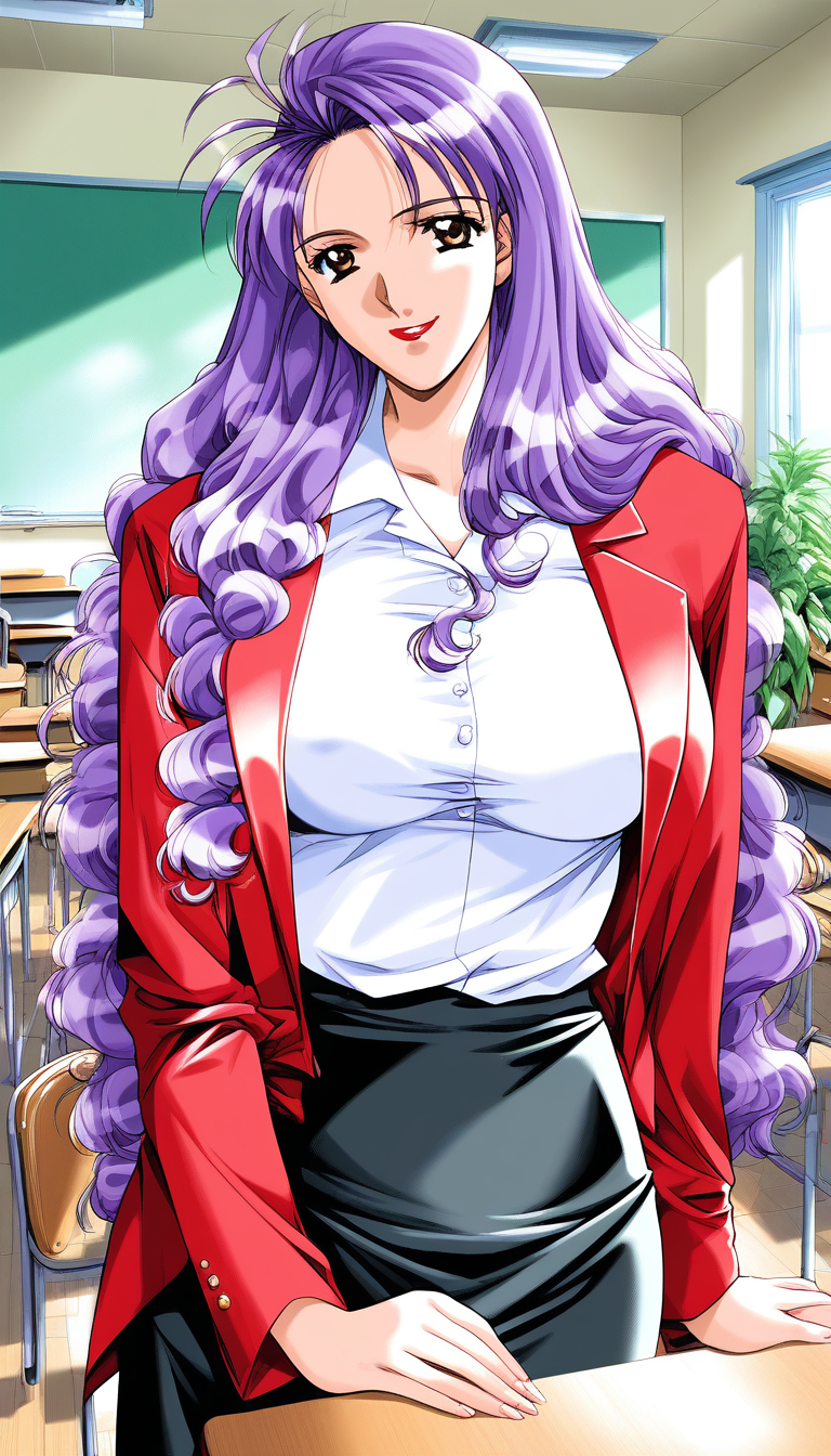 score_9, score_8_up, score_7_up, source_anime, rating_explicit, BREAK  <lora:Katagiri_Mirei_XL:1>Katagiri_Mirei, purple hair, long hair, lipstick, brown eyes, large breasts,
 1girl, solo, classroom, indoors, desk, shirt, smile, looking at viewer, plant, red jacket, white shirt, chair, black skirt