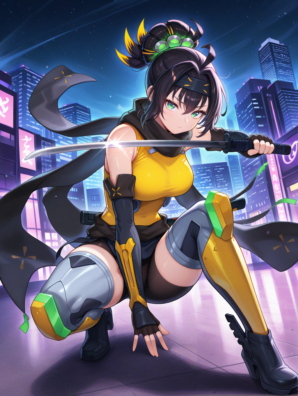 sp little knight, 1girl, solo, holding katana, katana, looking at viewer, fighting stance, night sky, full body, yellow sleeveless shirt, black forehead protector, black fingerless elbow gloves, yellow thigh boots, silver hair ornament, black waist sash, black gym shorts, black scarf, cityscape, boot knife,
masterpiece,best quality,amazing quality,very aesthetic,absurdres,newest,<lora:Sp Little Knight & S-Force Rappa Chiyomaru illusXL v1.1:0.75>,