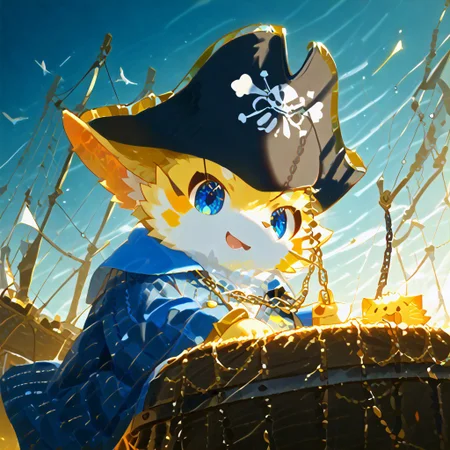 levelonerubili, zuppu11, mochi0025, animal, blue eyes, cape, yellow cat, chain, flag, furry, furry male, no humans, open mouth, pirate, pirate hat, score_9, score_8_up, score_7_up, zPDXL3, looking at viewer, solo, cute, Expressiveh