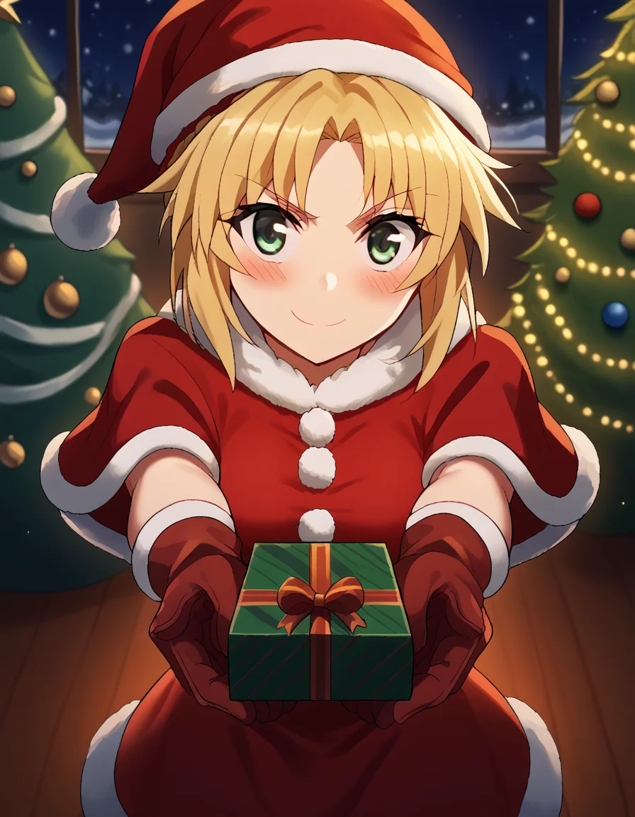 score_9, score_8_up, score_7_up, source_anime, <lora:mordred-apocrypha-s1-ponyxl-lora-nochekaiser:1>, mordred, green eyes, blonde hair, ponytail, short hair, scrunchie, red scrunchie, hair scrunchie, medium breasts,, <lora:santa-costume-ponyxl-lora-nochekaiser:1>, santa costume, santa hat, christmas, sack, merry christmas, gift, fur-trimmed headwear, holding sack, santa dress, fur-trimmed dress, christmas tree, christmas tree, fur trim, red capelet, gift box, red gloves, fur-trimmed capelet, santa gloves, red hat, hat,, smile, blush, looking at viewer, <lora:incoming-gift-ponyxl-lora-nochekaiser:1>, incoming gift, outstretched arms, holding, holding gift, gift, gift box,,