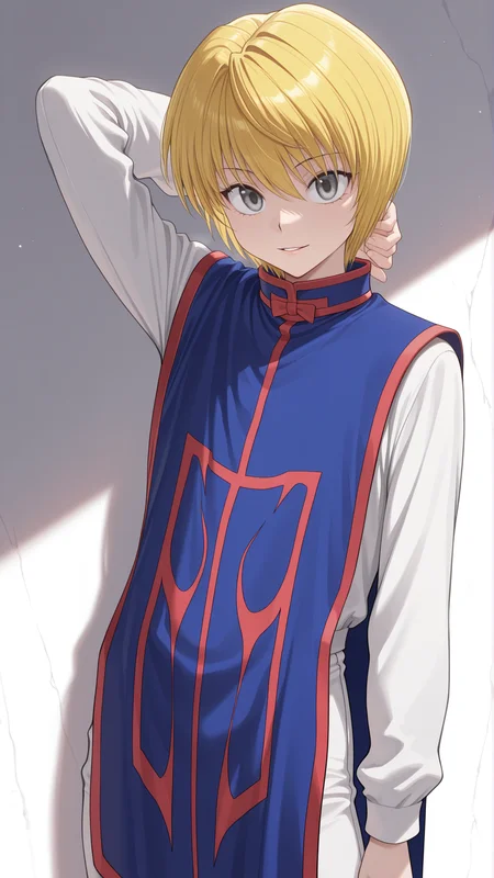 masterpiece, best quality, amazing quality, 1boy, solo, <lora:IlluKurapika:1> illukurapika, blonde hair, short hair, grey eyes, white pants, white long sleeves, tabard, red trim, light smile, parted lips, arm behind head,
