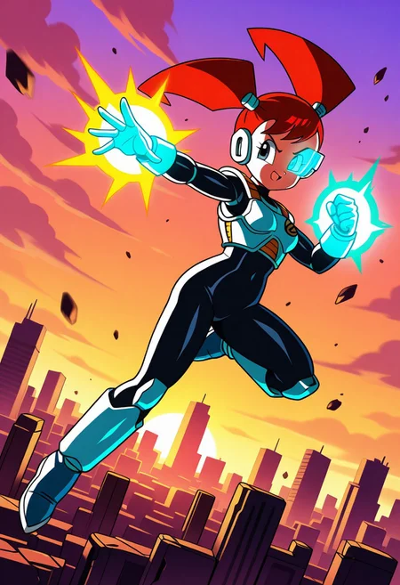 Jenny Wakeman, XJ-9, female, 1girl, solo, robot girl, red pigtails, Saiyan battle armor with flame decals, glowing red energy aura, scouter visor, wrist power gauge, dynamic flying pose, spiked red hair streaks, destroyed cityscape, floating debris, cratered battlefield, sunset sky, hyper-detailed, anime style, Akira Toriyama influence, vibrant colors, motion blur, intense shading