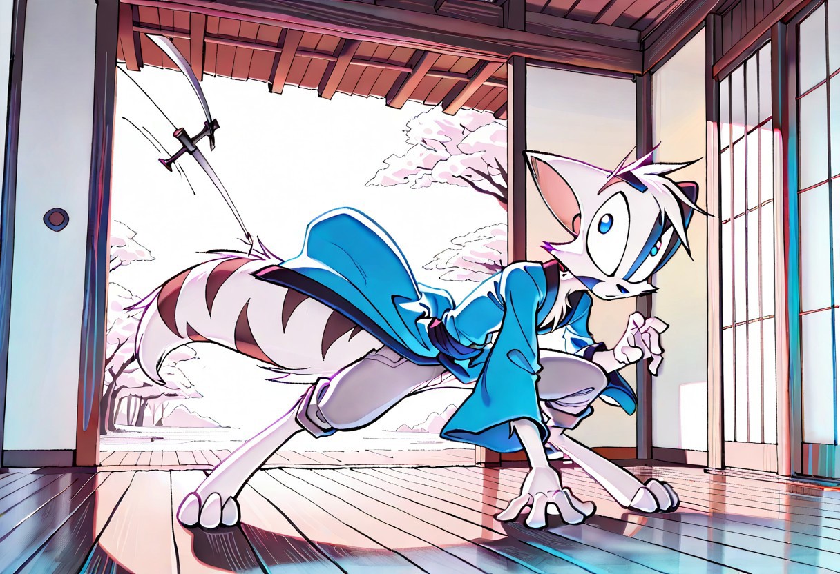 Mace, Dreamkeepers, 1boy, anthropomorphic, feline-like, white fur, spiky hair, masterpiece, best quality, chest fur, <lora:Dreamkeepers_Mace_Illustrious:0.8>, indoors, pants
,masterpiece, best quality, amazing quality, male, score_9, score_8_up, score_7_up, solo, no text, high detailed, high quality, masterpiece, no text, quality highlights, 8k detail, detailed background, ultra-detailed,  high quality, vibrant darker colors, best quality, rendering, high resolution, best render quality, standing, facial features, white skin, Japanese temple, medium bushy tail, male, detailed hair, narrow shoulders, one tone torso, two tone face, two tone tail, sexy, vibrant details, fluffy fur, blue eyes, wide curves, black nose, Blue robe, katana, calm expression, swinging sword, bloody sword, action lines, in the air, cutting through enemies, swinging around katana, badass, flowing wind,