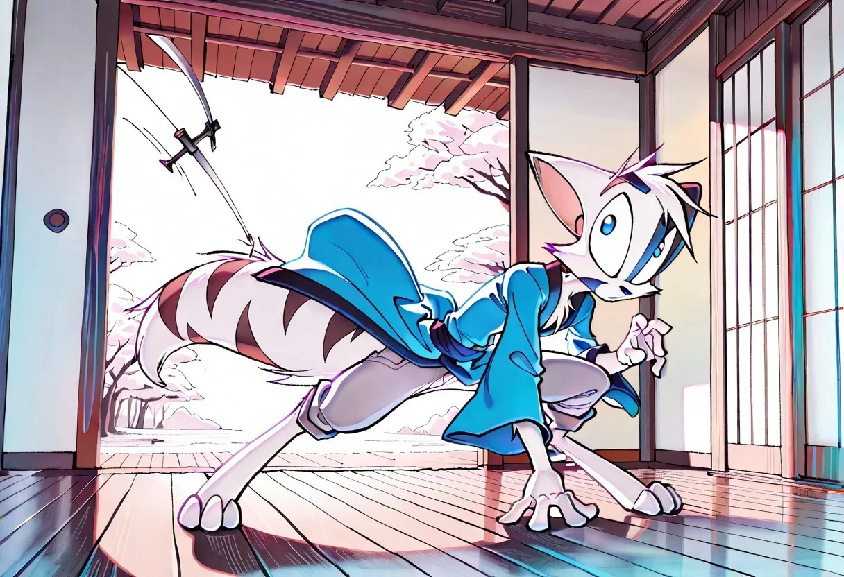 Mace, Dreamkeepers, 1boy, anthropomorphic, feline-like, white fur, spiky hair, masterpiece, best quality, chest fur, <lora:Dreamkeepers_Mace_Illustrious:0.8>, indoors, pants
,masterpiece, best quality, amazing quality, male, score_9, score_8_up, score_7_up, solo, no text, high detailed, high quality, masterpiece, no text, quality highlights, 8k detail, detailed background, ultra-detailed, high quality, vibrant darker colors, best quality, rendering, high resolution, best render quality, standing, facial features, white skin, Japanese temple, medium bushy tail, male, detailed hair, narrow shoulders, one tone torso, two tone face, two tone tail, sexy, vibrant details, fluffy fur, blue eyes, wide curves, black nose, Blue robe, katana, calm expression, swinging sword, bloody sword, action lines, in the air, cutting through enemies, swinging around katana, badass, flowing wind,